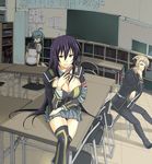  2girls 3u ahoge armband bad_id bad_pixiv_id breasts brown_hair classroom cleavage crossed_legs desk green_hair highres hitoyoshi_zenkichi indoors kurokami_medaka large_breasts long_hair looking_back medaka_box multiple_girls purple_hair red_eyes school_desk school_uniform shiranui_hansode sitting skirt thighhighs very_long_hair zettai_ryouiki 