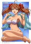  absurdres ahoge alicia_melchiott anklet armpits bandeau barefoot bikini bow bracelet breasts brown_eyes brown_hair collarbone feet hair_ribbon highres jacket jewelry large_breasts legs long_hair megami navel non-web_source official_art red_eyes ribbon senjou_no_valkyria senjou_no_valkyria_1 sitting solo strapless swimsuit tubetop twintails watanabe_atsuko 