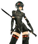  2d alternate_costume arm_strap bangs black_gloves black_hair black_legwear bodysuit breasts breasts_apart buckle closed_mouth contrapposto cowboy_shot dual_wielding elbow_gloves expressionless extraction fingerless_gloves ghost_in_the_shell gloves harness headgear highres holding holding_weapon holster impossible_clothes katana kusanagi_motoko looking_to_the_side medium_breasts metal_gear_(series) metal_gear_solid_4 multiple_swords ninja red_eyes science_fiction short_hair simple_background solo spie_harness standing sword thigh_holster thigh_strap thighhighs turtleneck underbust weapon white_background zettai_ryouiki 