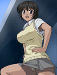  armpit_hair armpit_peek armpits black_hair blue_eyes breasts from_below hands_on_hips happy haruyama_kazunori large_breasts major panties school_uniform shimizu_kaoru short_hair skirt solo sweater underwear upskirt white_panties 