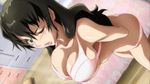  ass black_hair blush bra breasts butt_crack dressing from_above green_eyes kizaki_emi kurogane_no_linebarrel large_breasts lingerie long_hair one_eye_closed panties pink_panties screencap solo tight underboob underwear underwear_only 