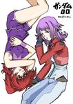  anew_returner bad_id bad_pixiv_id breasts celestial_being_uniform covered_nipples gloves gundam gundam_00 jacket medium_breasts multiple_girls nena_trinity purple_hair red_eyes red_hair short_hair shorts side_ponytail yellow_eyes 