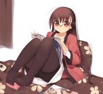  ahoge arima_senne bad_id bad_pixiv_id bed book brown_eyes brown_hair feet glasses headphones kashiwamochi_yomogi long_hair magazine original pantyhose reading sitting solo vibrator 