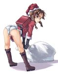  ass backpack bad_id bad_pixiv_id bag bent_over blush boots brown_hair hat kno1 legs looking_back no_pants original panties randoseru sack santa_costume santa_hat solo underwear white_panties 