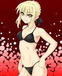  artoria_pendragon_(all) bikini black_bikini blonde_hair breasts cowboy_shot fate/stay_night fate_(series) grin medium_breasts nakajima_(itashi3) navel red_background saber_alter smile solo string_bikini swimsuit yellow_eyes 