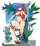  athena_(series) bikini breasts cleavage column covered_nipples day faux_figurine huge_breasts pillar princess_athena purple_hair red_bikini ryoji_(nomura_ryouji) sandals shield snk solo swimsuit sword weapon 