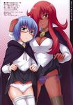  blue_hair blush boots breasts cape cleavage face flat_chest glasses ha-ru hair_over_one_eye highres kirche_augusta_frederica_von_anhalt_zerbst large_breasts long_hair multiple_girls naughty_face panties pantyhose pantyhose_pull pentacle purple_panties red_hair short_hair side-tie_panties skirt skirt_lift smile tabitha thigh_boots thighhighs underwear white_legwear zero_no_tsukaima 