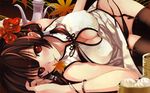  bamboo_steamer baozi black_legwear blush bracelet breasts brown_eyes brown_hair china_dress chinese_clothes cleavage cleavage_cutout covered_nipples dengeki_daiou dress duplicate fingernails flower food garter_belt garters hair_flower hair_ornament hairband highres jewelry large_breasts leaf leaning_forward long_hair looking_at_viewer lowleg lowleg_panties lying misaki_kurehito mouth_hold nail_polish panties pink_nails red_eyes shameimaru_aya side-tie_panties side_slit solo thighhighs touhou underwear undressing untied wallpaper 