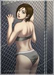  against_fence ass azasuke back blue_eyes bra brown_hair chain-link_fence fence grey_panties highres jill_valentine lingerie looking_back open_mouth panties resident_evil resident_evil_3 short_hair solo underwear underwear_only 