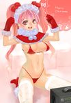  bikini breasts capelet christmas cleavage game_console gloves happy izumi_(walnov) kneeling large_breasts long_hair micro_bikini open_mouth original pink_eyes pink_hair red_capelet red_gloves santa_costume smile solo string_bikini swimsuit thighhighs twintails xbox 