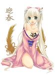  animal_ears bad_id bad_pixiv_id bare_shoulders breasts chinese_zodiac cleavage cow_ears cow_horns green_eyes horns japanese_clothes kimono long_hair medium_breasts original sakurai_unan sitting solo twintails white_hair year_of_the_ox 