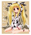  2009 animal_ears animal_print anklet bad_id bad_pixiv_id barefoot bell blonde_hair bottomless chinese_zodiac choker cow_ears cow_girl cow_print cow_tail fate_testarossa hair_ribbon horns jewelry long_hair lyrical_nanoha mahou_shoujo_lyrical_nanoha new_year red_eyes ribbon solo tail twintails umekichi year_of_the_ox 