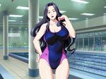  black_hair breasts brown_eyes cleavage game_cg gipsy_underground hand_on_hip hitozuma_gui large_breasts lips lipstick long_hair makeup mature mole mole_under_mouth nail_polish one-piece_swimsuit pale_skin pink_nails pool solo swimsuit tokiwa_shizue 