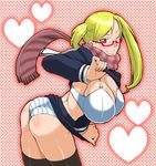  ass blonde_hair bra breasts brown_eyes cleavage copyright_request glasses grin heart huge_breasts leaning_forward lingerie murata one_eye_closed panties scarf shirt_lift skirt skirt_lift smile solo striped striped_panties striped_scarf teasing thighhighs twintails underwear 