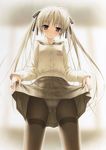  absurdres blush brown_eyes crotch_seam hair_ribbon hashimoto_takashi highres kasugano_sora lifted_by_self long_hair panties panties_under_pantyhose pantyhose ribbon school_uniform skirt skirt_lift solo thighband_pantyhose twintails underwear white_hair yosuga_no_sora 