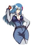  adjusting_hair belt blue_hair bodysuit breasts cleavage dx9870 gloves hair_ornament hairclip jewelry large_breasts long_hair necklace open_clothes ruo_minai shikabane_hime skin_tight solo yellow_eyes 