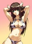  animal_ears animal_print armpits arms_up bell bikini breasts brown_hair cleavage cow_ears cow_girl cow_print green_eyes hisahiko horns large_breasts long_hair setsuko_ohara solo super_robot_wars super_robot_wars_z swimsuit 