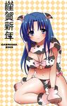  2009 animal_ears animal_print blue_hair blush breasts cleavage cow_ears cow_print kawashima_ami large_breasts long_hair mozuya_murasaki new_year scarf sitting smile solo toradora! 