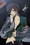  black_hair blush code_geass collarbone drugged drugs jacket kl lelouch_lamperouge licking lying male_focus navel on_back open_clothes open_jacket open_shirt pants purple_eyes refrain_(code_geass) saliva shirt solo tongue tongue_out 