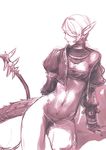  areuhat branch_(blackrabbits) dragon_tail elf elvaan final_fantasy final_fantasy_xi flat_chest hair_over_one_eye monochrome no_panties pointy_ears pubic_hair short_hair solo tail 