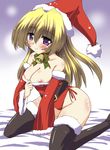  bell belt blonde_hair blush breasts christmas cleavage detached_sleeves gonzaburo hat kneeling large_breasts leotard long_hair nipple_slip nipples original purple_eyes red_leotard santa_costume santa_hat smile solo thighhighs 