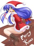  blue_hair blush boots christmas green_eyes hat long_hair looking_back mikagami_sou open_clothes open_mouth open_shirt original panties ribbon santa_costume santa_hat shirt sitting solo surprised underwear 