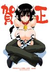  animal_ears animal_print bell bell_collar black_hair breasts cleavage collar cow_bell cow_ears cow_girl cow_print cow_tail high_heels huge_breasts original red_eyes shoes short_hair sitting solo tail thighhighs uran_(uran-factory) 