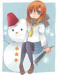  artist_request blue_eyes hatchet higurashi_no_naku_koro_ni nose_hatchet orange_hair pantyhose ryuuguu_rena scarf school_uniform serafuku short_hair snowman solo winter 