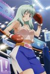  absurdres antenna_hair bandaid boxing boxing_gloves boxing_ring boxing_shorts crease green_hair highres lights long_hair midriff navel no_bra non-web_source official_art oka_yuuichi one_eye_closed purple_eyes run_elsie_jewelria scan scan_artifacts see-through shorts solo tank_top to_love-ru tongue 