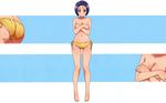  1girl ass barefeet barefoot bikini blue_eyes blush breasts covering covering_breasts female highres navel purple_hair sairenji_haruna short_hair side-tie_bikini solo swimsuit takami_akio to_love-ru toloveru topless wallpaper 