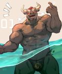  abs blush bovid bovine bulge clothing curtis_wuedti gyumao hair horn male mammal mohawk muscular muscular_male nipples pecs red_hair speedo swimming swimsuit tokyo_afterschool_summoners video_games wardrobe_malfunction water 