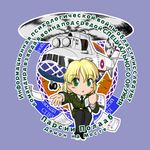  aircraft blonde_hair chibi commentary_request cyrillic flyer green_eyes helicopter lowres mi-26 military military_uniform mizuhashi_parsee ranguage russian sakurato_tsuguhi short_hair solo touhou uniform 