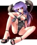  black_leotard breasts feet full_body halterneck high_heels horns katahira_masashi leotard long_hair medium_breasts nail_art nail_polish original purple_hair purple_nails red_eyes sandals shoes sitting smile solo toenail_polish toes wrist_cuffs 