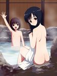  ass bath black_hair brown_eyes brown_hair copyright_request flat_chest long_hair looking_back multiple_girls natori_(natorism) nipples nude onsen short_hair sitting towel waving 