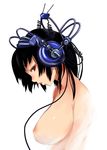  black_hair breasts cable headphones kasou_(km6i) large_breasts original red_eyes solo topless 