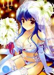  absurdres arm_support blue_hair blush bouquet bra breasts bridal_veil cleavage copyright_request elbow_gloves flower garter_belt gloves highres jewelry lace lace-trimmed_thighhighs large_breasts legs lily_(flower) lingerie long_hair looking_at_viewer navel necklace non-web_source panties red_eyes sakura_koharu sitting solo thigh_gap thighhighs thighs underwear underwear_only veil white_legwear white_panties 