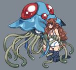  animal_ears blush brown_hair flat_chest fox_ears gen_1_pokemon kneeling long_hair one-piece_swimsuit pokemon pokemon_(creature) school_swimsuit solo swimsuit tail takanashi_ringo tentacles tentacruel thighhighs white_school_swimsuit white_swimsuit 