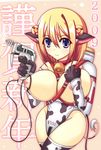  85g animal_ears animal_print bell blue_eyes breasts cow_ears cow_girl cow_print elbow_gloves gloves huge_breasts lactation nipples orange_hair original solo thighhighs 