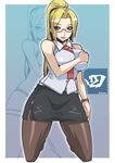  blonde_hair bracelet breast_squeeze breasts collar glasses high_ponytail jewelry kneeling large_breasts legs long_hair miniskirt nek original pencil_skirt ponytail side_slit skirt solo thighhighs thighs zoom_layer 