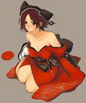  bare_shoulders breasts brown_eyes brown_hair cleavage dengeki_g-net hat imigimuru japanese_clothes kimono large_breasts non-web_source short_hair sitting solo third-party_edit yokozuwari 