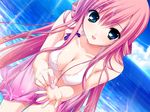  amamiya_kurara beach bikini blue_eyes braid breasts cleavage day fumio_(ura_fmo) game_cg hoshiuta large_breasts long_hair outdoors pink_hair purple_sarong ribbon sarong see-through smile solo swimsuit wet 