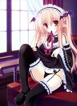  absurdres black_panties blonde_hair bow bow_panties breasts cleavage dengeki_moeou dress dress_lift garter_belt garters highres long_hair medium_breasts mikagami_mamizu non-web_source original panties pointy_ears red_eyes side-tie_panties solo thighhighs underwear 