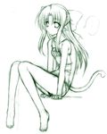  barefoot bow feet green hagane_soushi hair_bow half_updo len long_hair melty_blood monochrome one-piece_swimsuit school_swimsuit sketch solo swimsuit tail tsukihime 