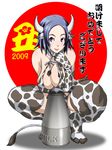  2009 animal_ears animal_print bare_shoulders bikini_top blue_eyes blue_hair breast_hold breast_rest breasts butcha-u cleavage collar covered_nipples cow_ears cow_girl cow_print elbow_gloves gloves horns large_breasts milk new_year original smile solo squatting tail thighhighs 