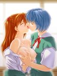  ayanami_rei blue_hair breast_grab breasts covered_nipples french_kiss grabbing kiss medium_breasts multiple_girls neon_genesis_evangelion open_clothes open_shirt orange_hair school_uniform shirt souryuu_asuka_langley suzuno_kouya yuri 