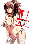  areolae bell bell_collar bikini breast_hold breasts brown_hair caryo collar cow_bell cow_girl cow_tail gloves horns large_breasts original ponytail red_eyes side-tie_bikini solo swimsuit tabigarasu tail thighhighs 