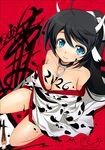  2009 animal_ears animal_print bare_shoulders black_hair blue_eyes breasts calligraphy_brush char chinese_zodiac cleavage cow_ears cow_print face horns japanese_clothes kimono large_breasts long_hair new_year original paint paintbrush smile solo year_of_the_ox 