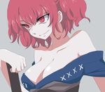  bad_id bad_pixiv_id bare_shoulders breasts cleavage ica large_breasts off_shoulder onozuka_komachi red_eyes red_hair simple_background smirk solo touhou 
