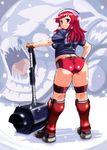  ass bangs blunt_bangs buruma curvy dr.p fingerless_gloves full_body gloves hammer hand_on_hip hat la_pucelle looking_back mallet mole mole_under_eye monster_hunter nurse_cap plump prier red_eyes red_hair smile snow solo standing thighs third-party_edit turtle ukanlos wide_hips 