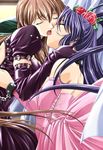  bdsm blue_hair bondage bound brown_hair chain closed_eyes collar cuffs detached_sleeves dress elbow_gloves flower french_kiss gloves hair_flower hair_ornament haritama_hiroki kiss long_hair multiple_girls natural_2_duo rose slave tongue toriumi_chisato toriumi_kuu very_long_hair yuri 